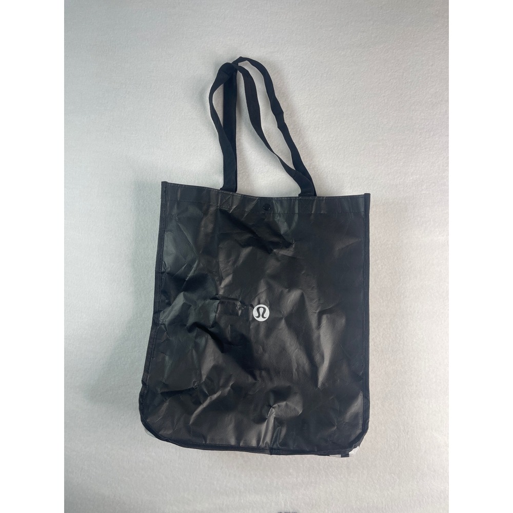 Lululemon Reusable Shopping Tote Bag Black White Logo Snap Small Medium Shopper